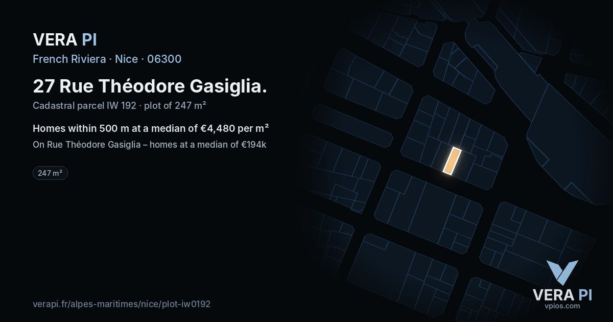 27 Rue Théodore Gasiglia, Nice at night – the plot lit, the parcels around coloured by the prices near them