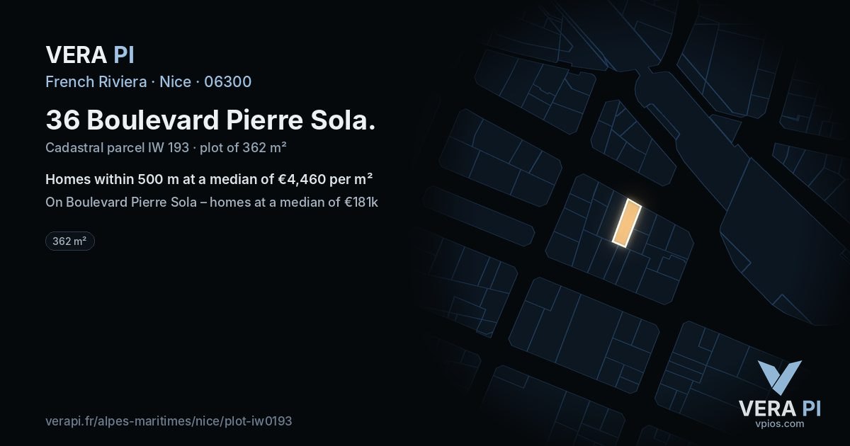 36 Boulevard Pierre Sola, Nice at night – the plot lit, the parcels around coloured by the prices near them