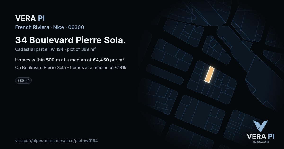 34 Boulevard Pierre Sola, Nice at night – the plot lit, the parcels around coloured by the prices near them