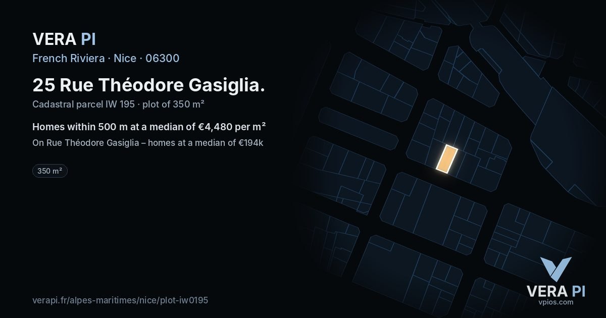 25 Rue Théodore Gasiglia, Nice at night – the plot lit, the parcels around coloured by the prices near them