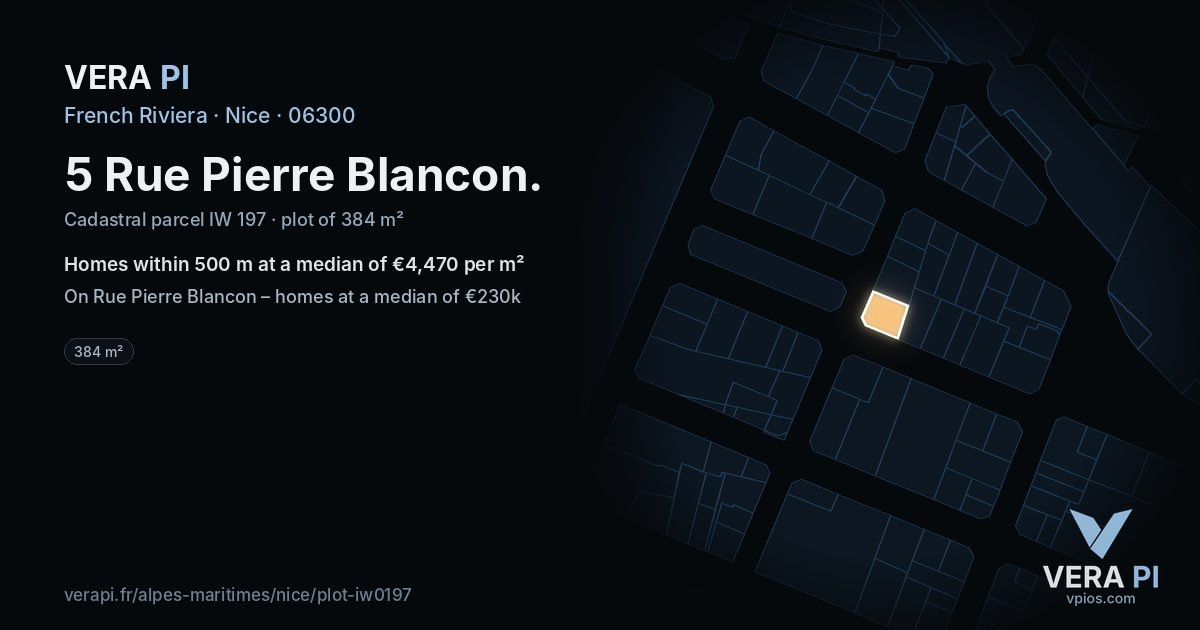5 Rue Pierre Blancon, Nice at night – the plot lit, the parcels around coloured by the prices near them