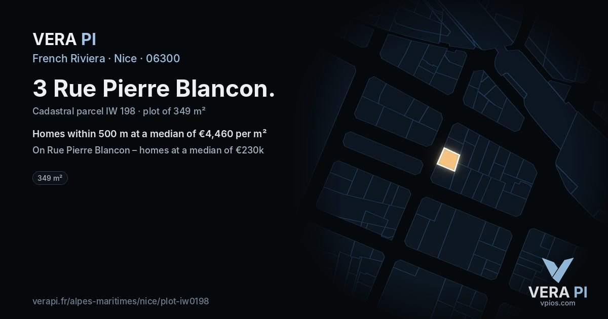 3 Rue Pierre Blancon, Nice at night – the plot lit, the parcels around coloured by the prices near them
