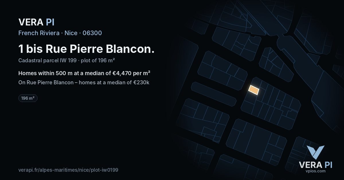 1 bis Rue Pierre Blancon, Nice at night – the plot lit, the parcels around coloured by the prices near them