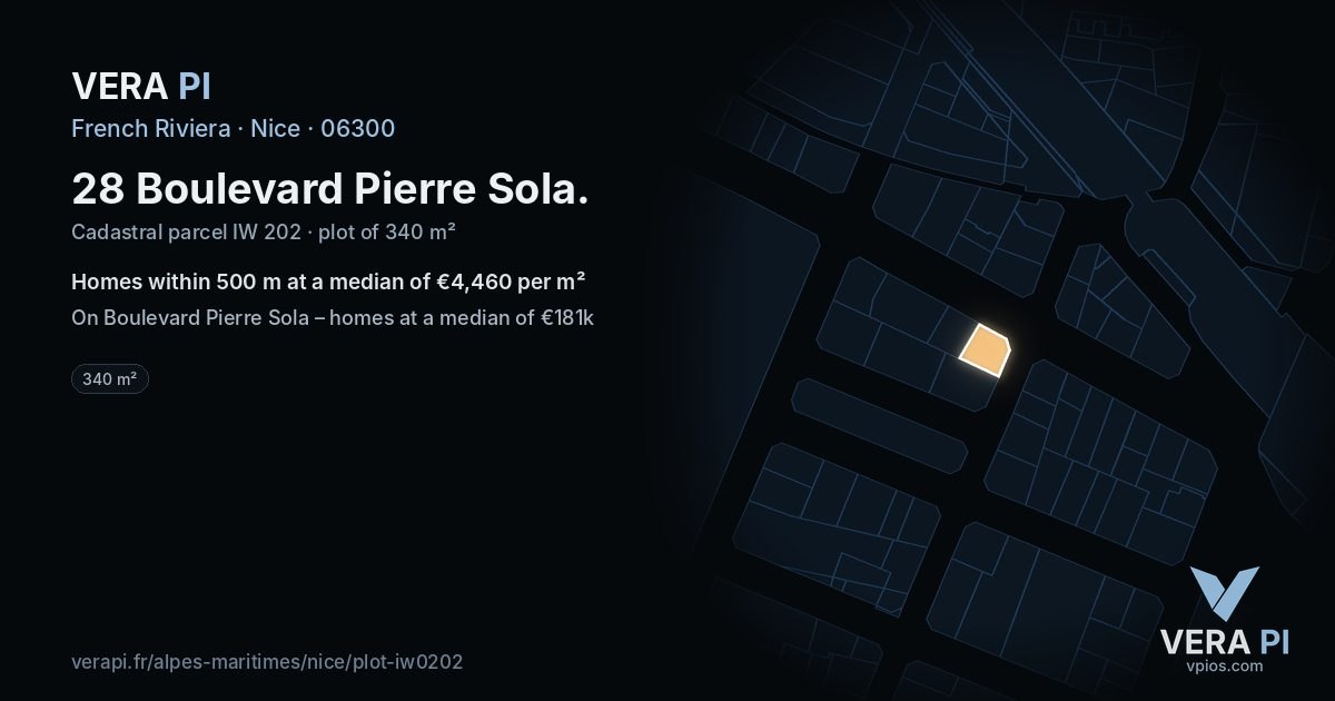 28 Boulevard Pierre Sola, Nice at night – the plot lit, the parcels around coloured by the prices near them