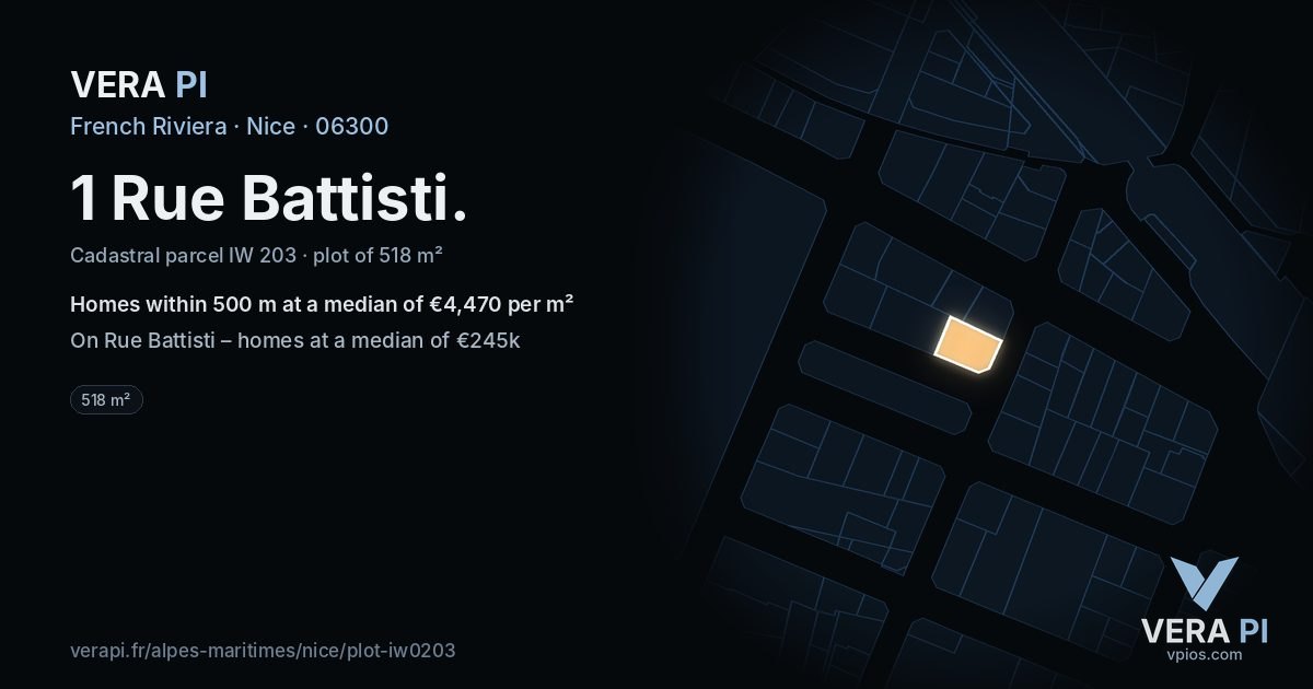 1 Rue Battisti, Nice at night – the plot lit, the parcels around coloured by the prices near them