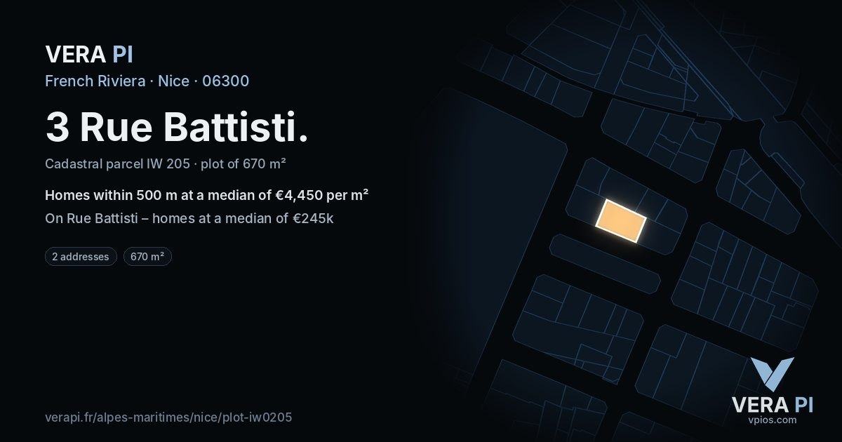 3 Rue Battisti, Nice at night – the plot lit, the parcels around coloured by the prices near them