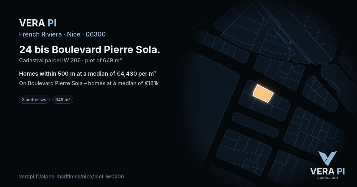 24 bis Boulevard Pierre Sola, Nice at night – the plot lit, the parcels around coloured by the prices near them