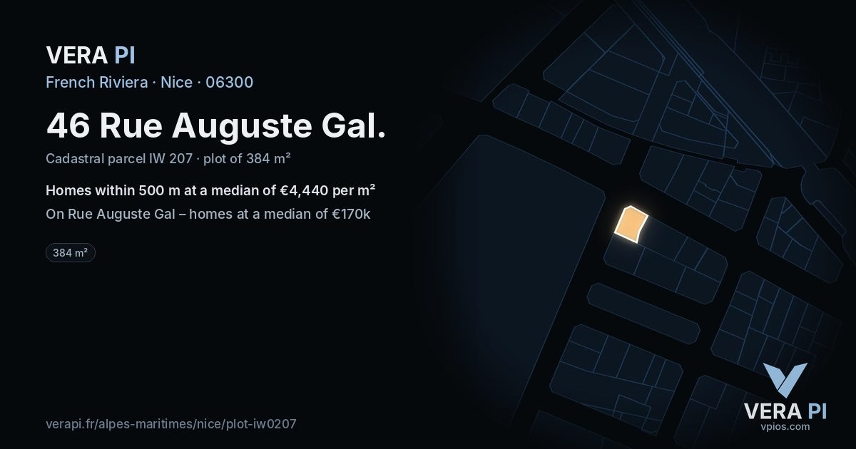 46 Rue Auguste Gal, Nice at night – the plot lit, the parcels around coloured by the prices near them