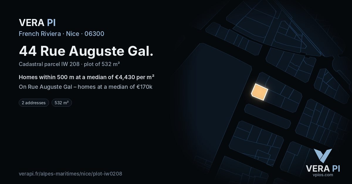 44 Rue Auguste Gal, Nice at night – the plot lit, the parcels around coloured by the prices near them