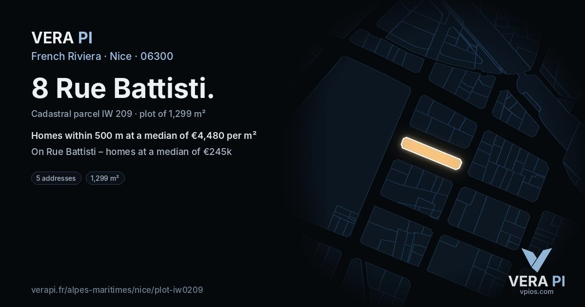 8 Rue Battisti, Nice at night – the plot lit, the parcels around coloured by the prices near them