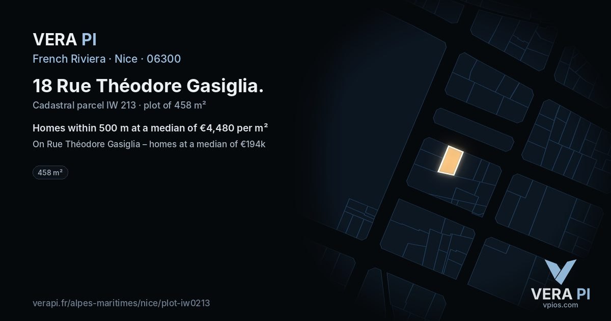 18 Rue Théodore Gasiglia, Nice at night – the plot lit, the parcels around coloured by the prices near them