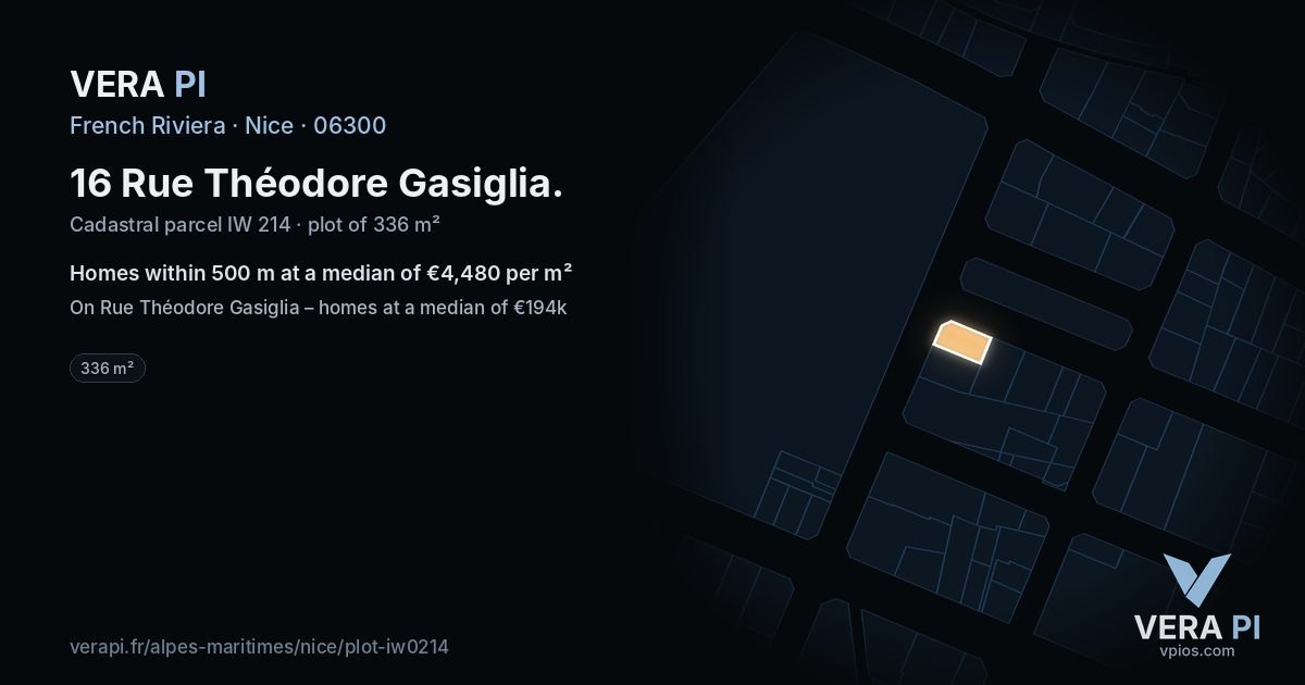 16 Rue Théodore Gasiglia, Nice at night – the plot lit, the parcels around coloured by the prices near them