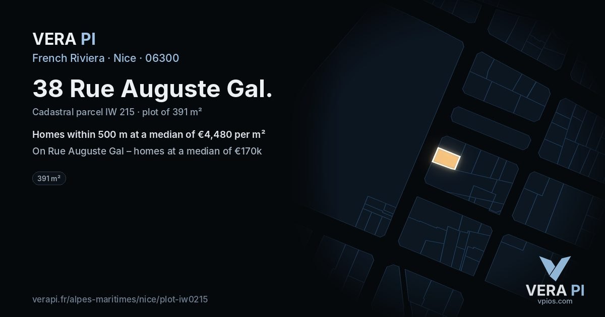 38 Rue Auguste Gal, Nice at night – the plot lit, the parcels around coloured by the prices near them