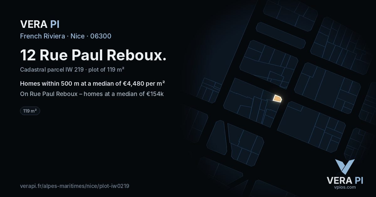 12 Rue Paul Reboux, Nice at night – the plot lit, the parcels around coloured by the prices near them