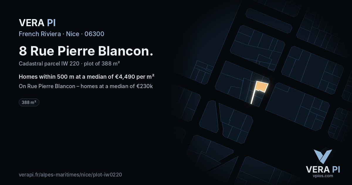 8 Rue Pierre Blancon, Nice at night – the plot lit, the parcels around coloured by the prices near them