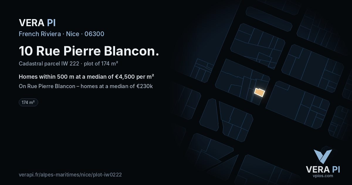 10 Rue Pierre Blancon, Nice at night – the plot lit, the parcels around coloured by the prices near them