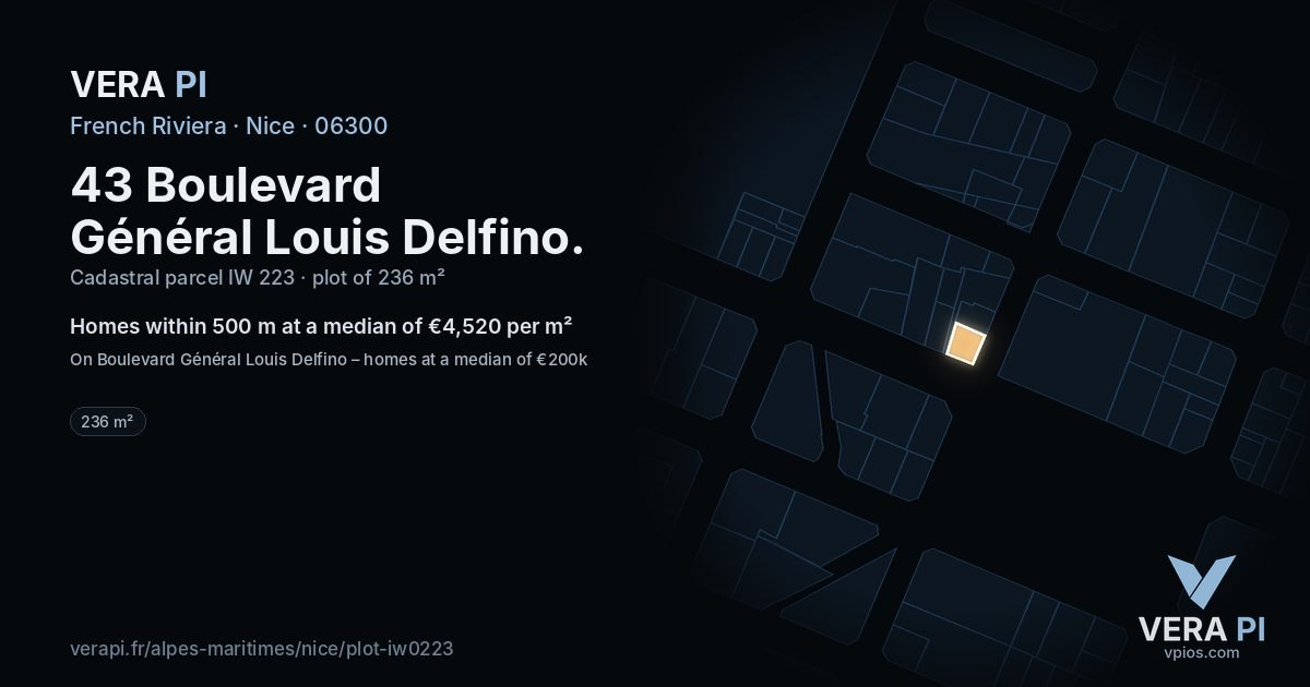 43 Boulevard Général Louis Delfino, Nice at night – the plot lit, the parcels around coloured by the prices near them