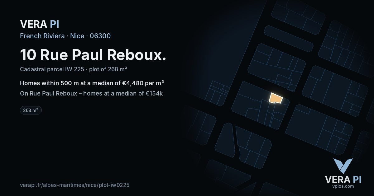 10 Rue Paul Reboux, Nice at night – the plot lit, the parcels around coloured by the prices near them