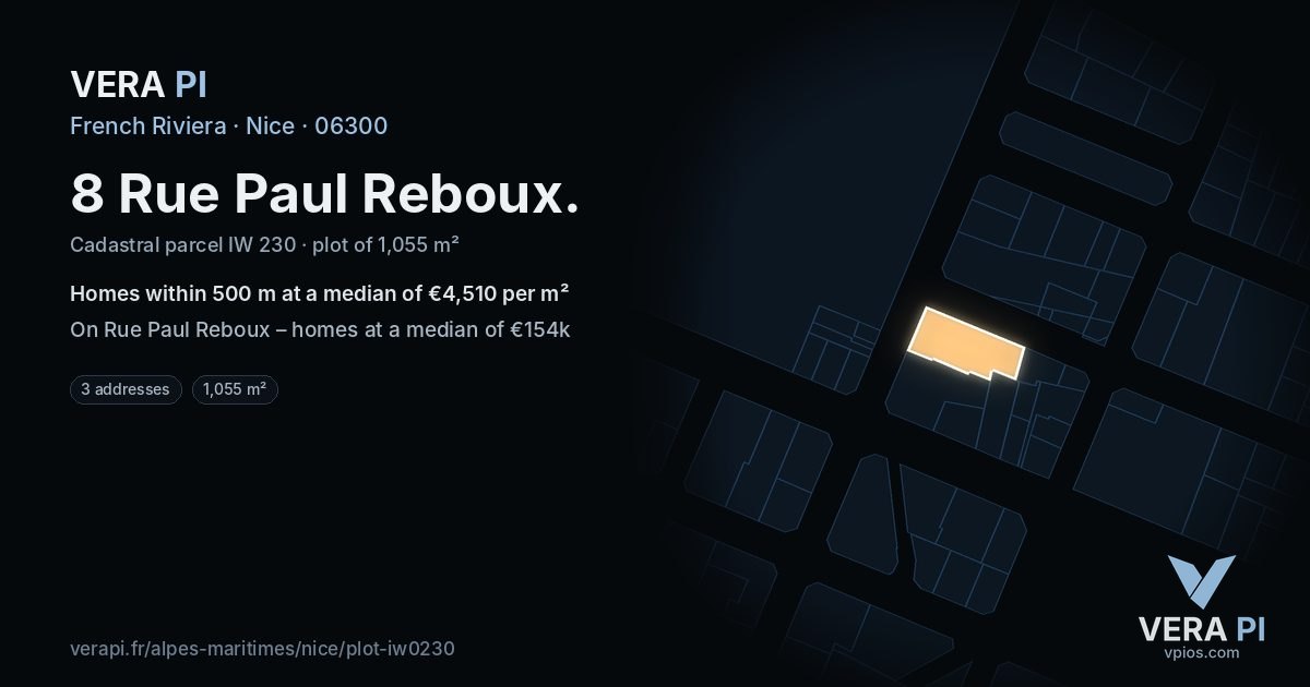 8 Rue Paul Reboux, Nice at night – the plot lit, the parcels around coloured by the prices near them