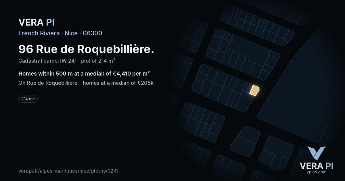 96 Rue de Roquebillière, Nice at night – the plot lit, the parcels around coloured by the prices near them