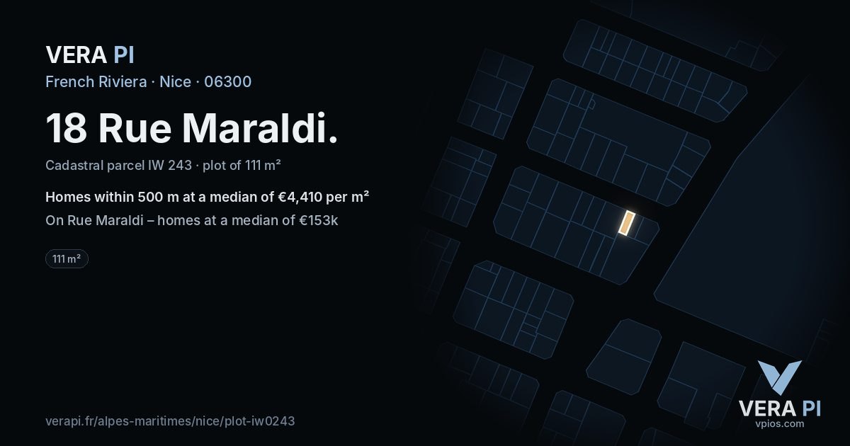 18 Rue Maraldi, Nice at night – the plot lit, the parcels around coloured by the prices near them