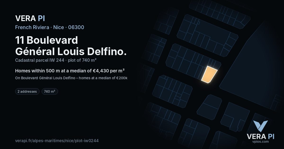 11 Boulevard Général Louis Delfino, Nice at night – the plot lit, the parcels around coloured by the prices near them
