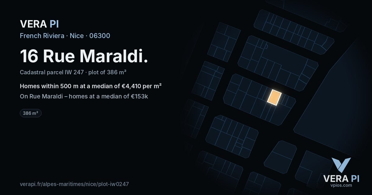 16 Rue Maraldi, Nice at night – the plot lit, the parcels around coloured by the prices near them