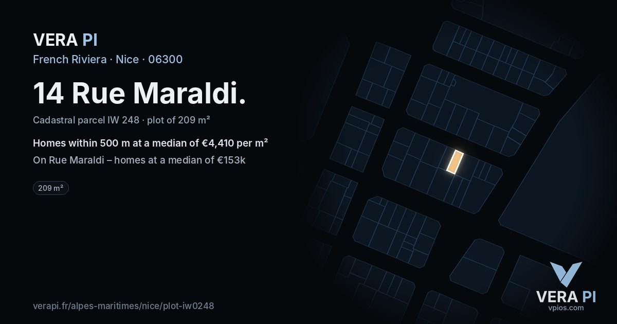 14 Rue Maraldi, Nice at night – the plot lit, the parcels around coloured by the prices near them