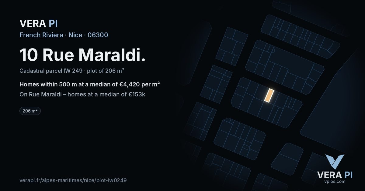 10 Rue Maraldi, Nice at night – the plot lit, the parcels around coloured by the prices near them
