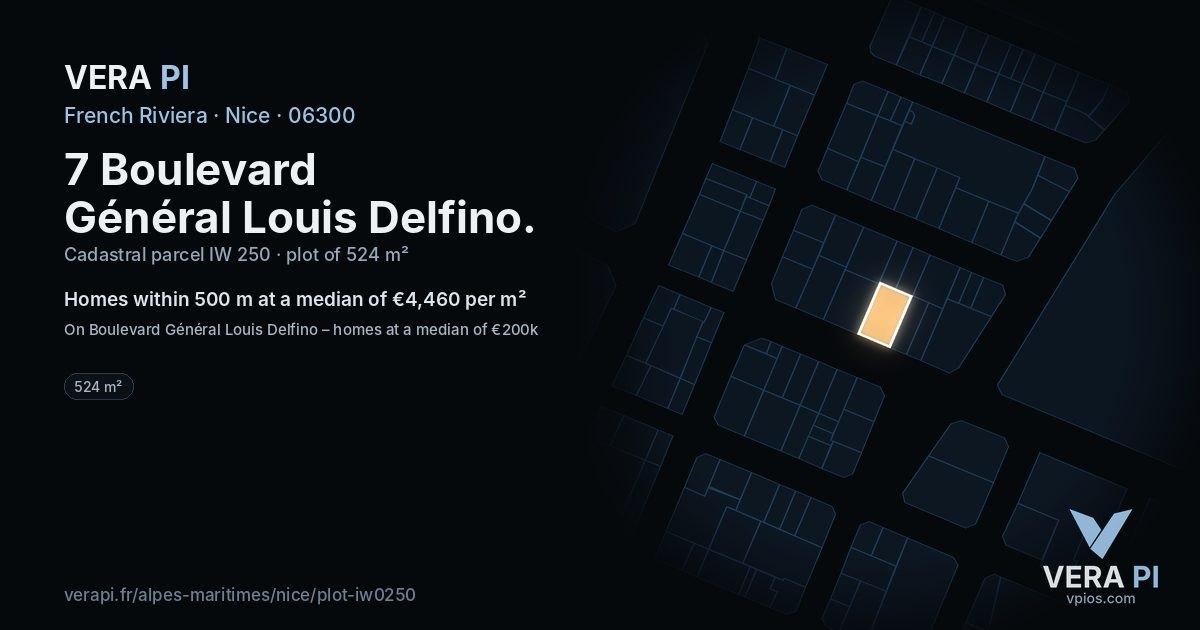 7 Boulevard Général Louis Delfino, Nice at night – the plot lit, the parcels around coloured by the prices near them