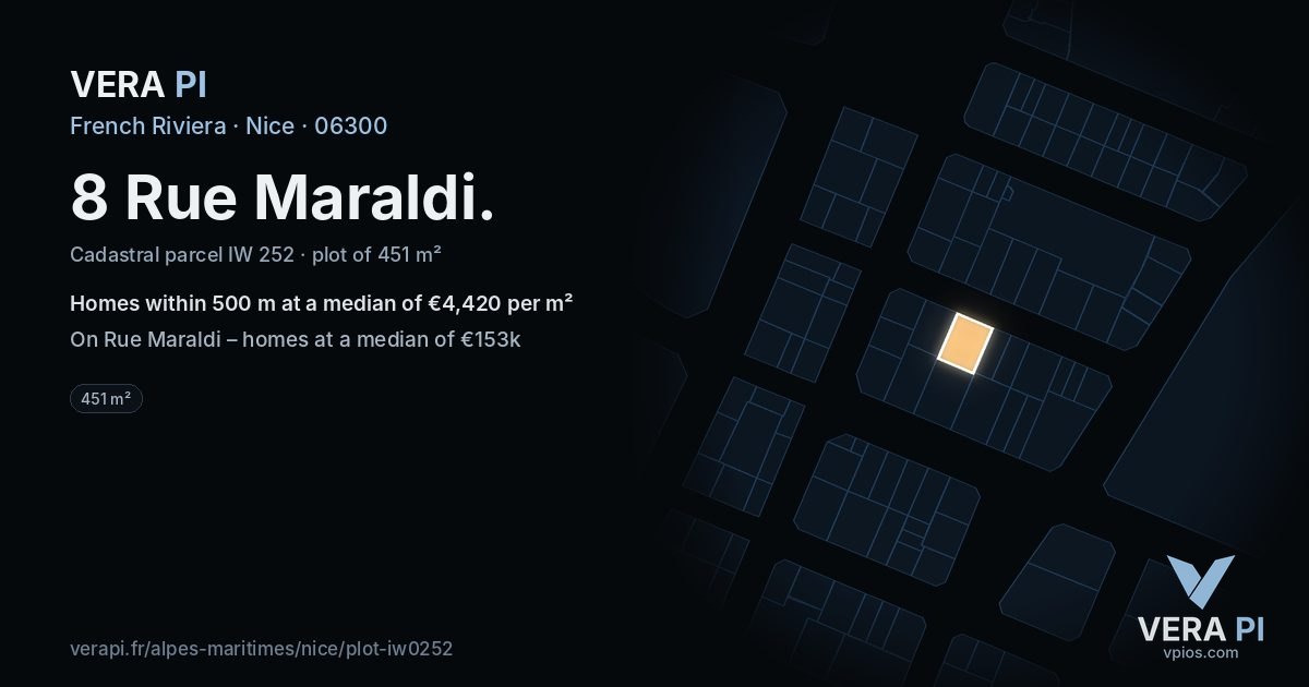 8 Rue Maraldi, Nice at night – the plot lit, the parcels around coloured by the prices near them