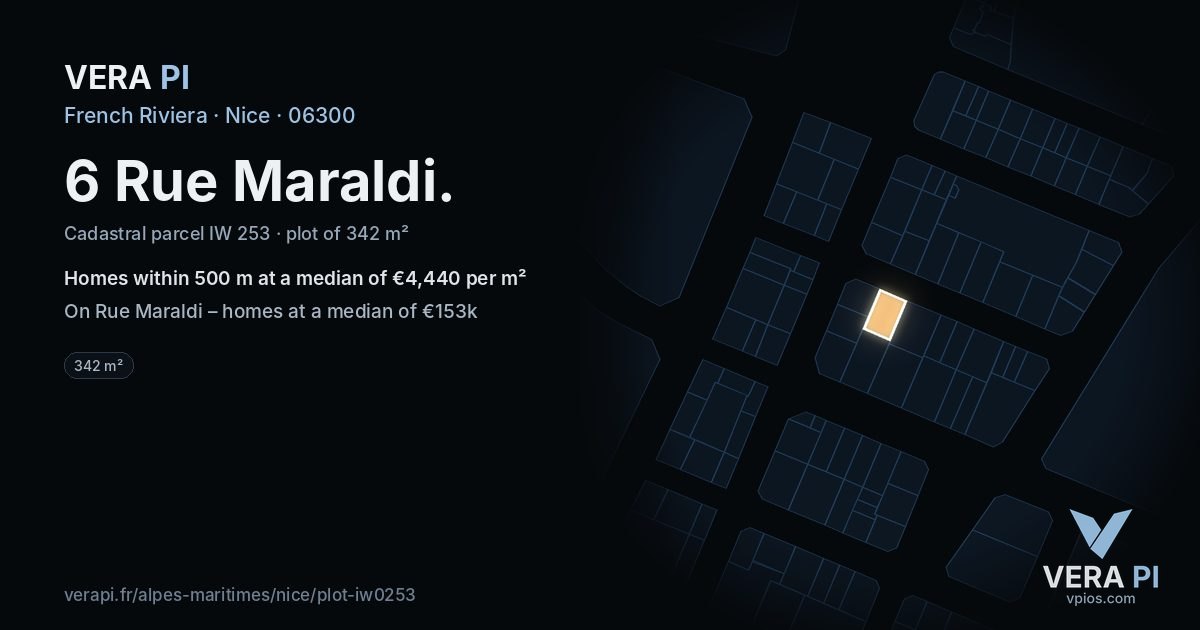 6 Rue Maraldi, Nice at night – the plot lit, the parcels around coloured by the prices near them