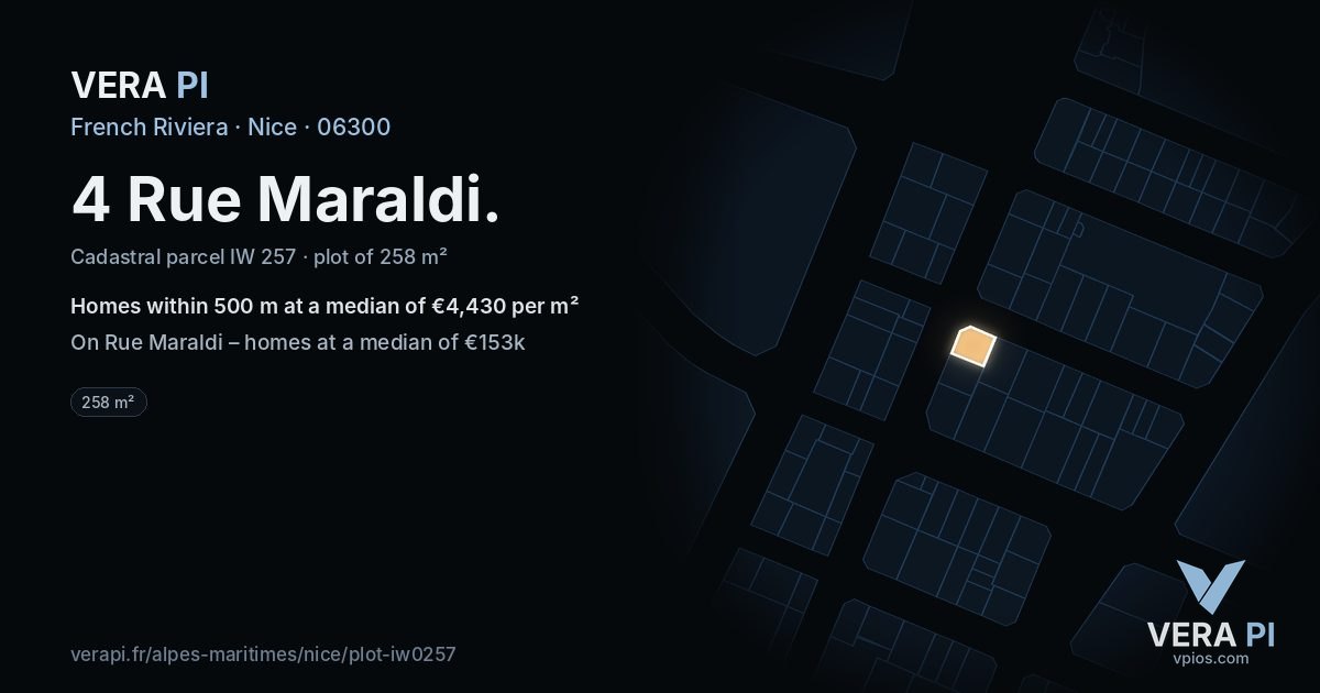 4 Rue Maraldi, Nice at night – the plot lit, the parcels around coloured by the prices near them