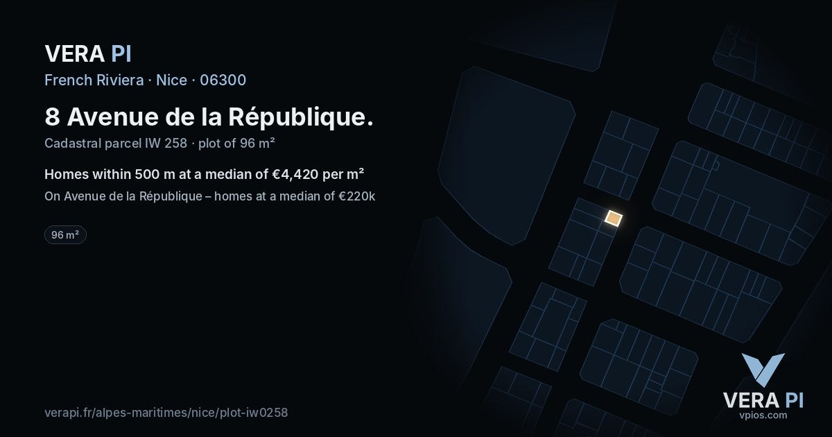 8 Avenue de la République, Nice at night – the plot lit, the parcels around coloured by the prices near them