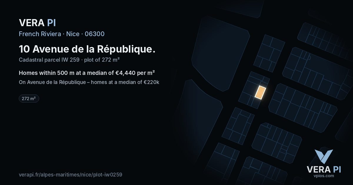 10 Avenue de la République, Nice at night – the plot lit, the parcels around coloured by the prices near them