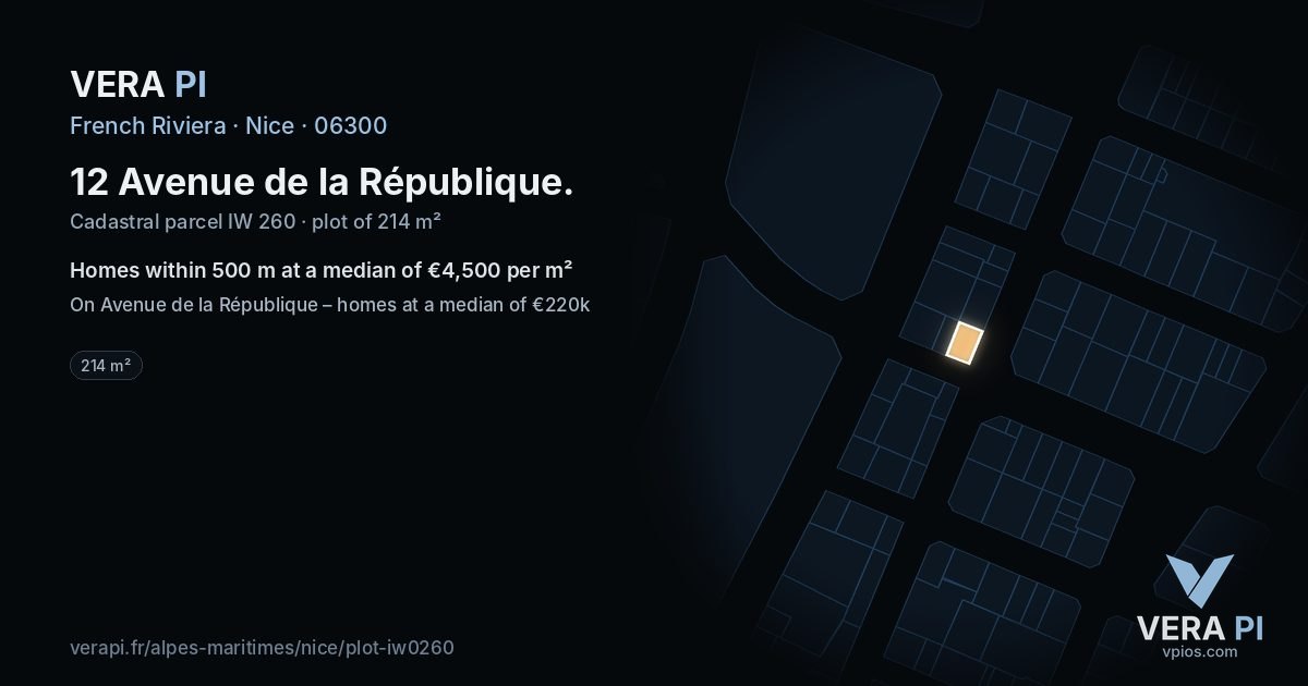 12 Avenue de la République, Nice at night – the plot lit, the parcels around coloured by the prices near them