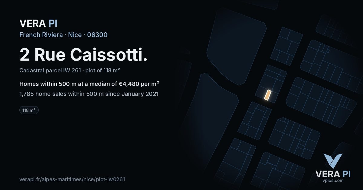 2 Rue Caissotti, Nice at night – the plot lit, the parcels around coloured by the prices near them