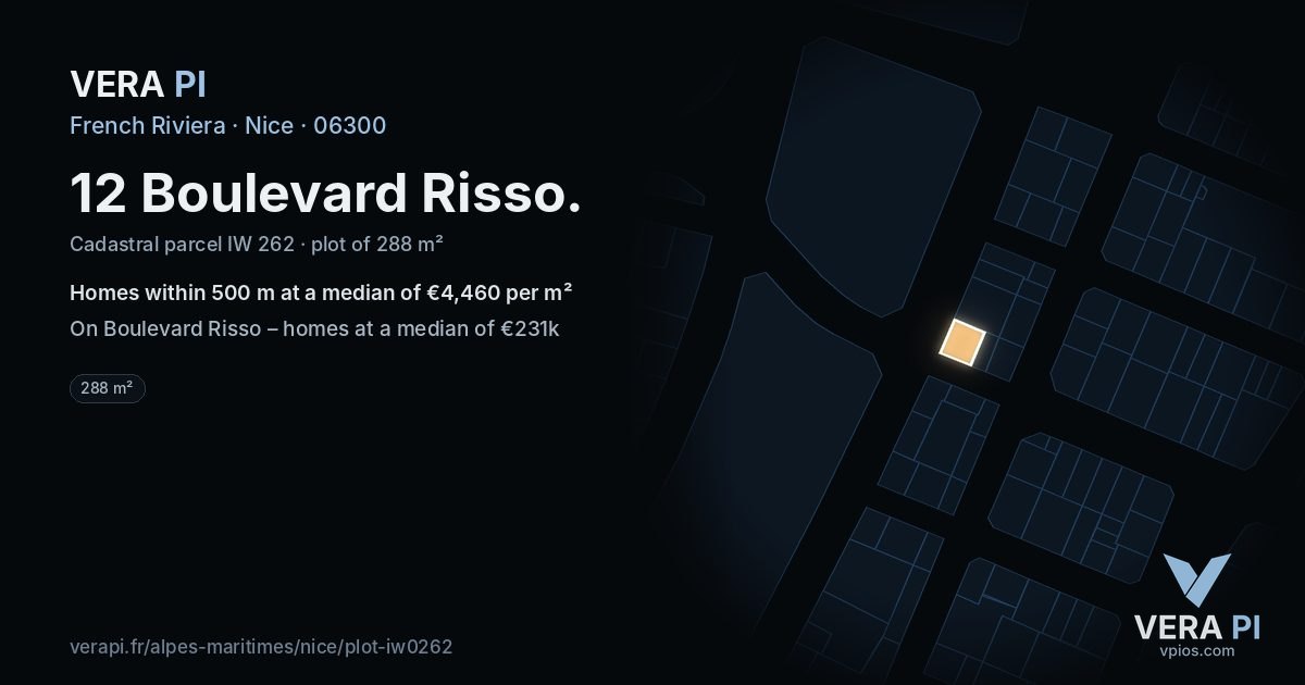 12 Boulevard Risso, Nice at night – the plot lit, the parcels around coloured by the prices near them