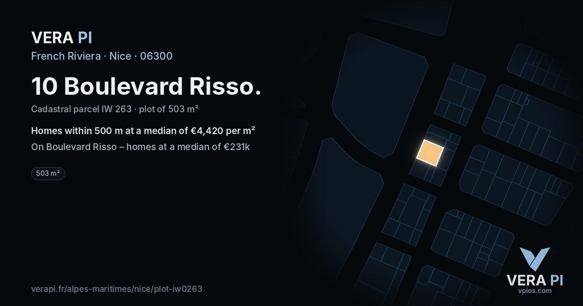 10 Boulevard Risso, Nice at night – the plot lit, the parcels around coloured by the prices near them