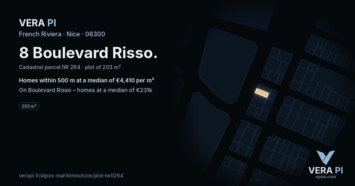 8 Boulevard Risso, Nice at night – the plot lit, the parcels around coloured by the prices near them