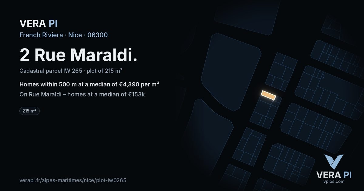 2 Rue Maraldi, Nice at night – the plot lit, the parcels around coloured by the prices near them