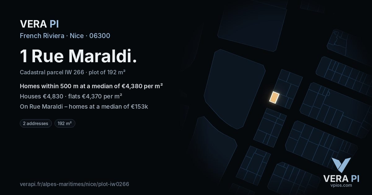 1 Rue Maraldi, Nice at night – the plot lit, the parcels around coloured by the prices near them