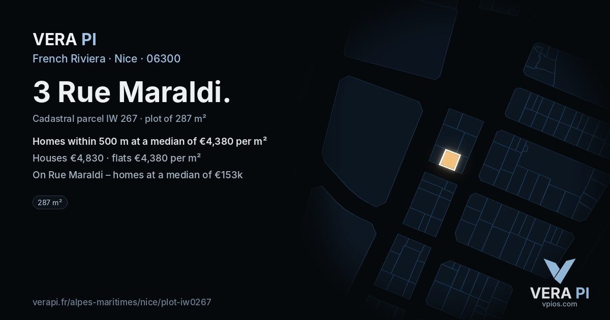 3 Rue Maraldi, Nice at night – the plot lit, the parcels around coloured by the prices near them