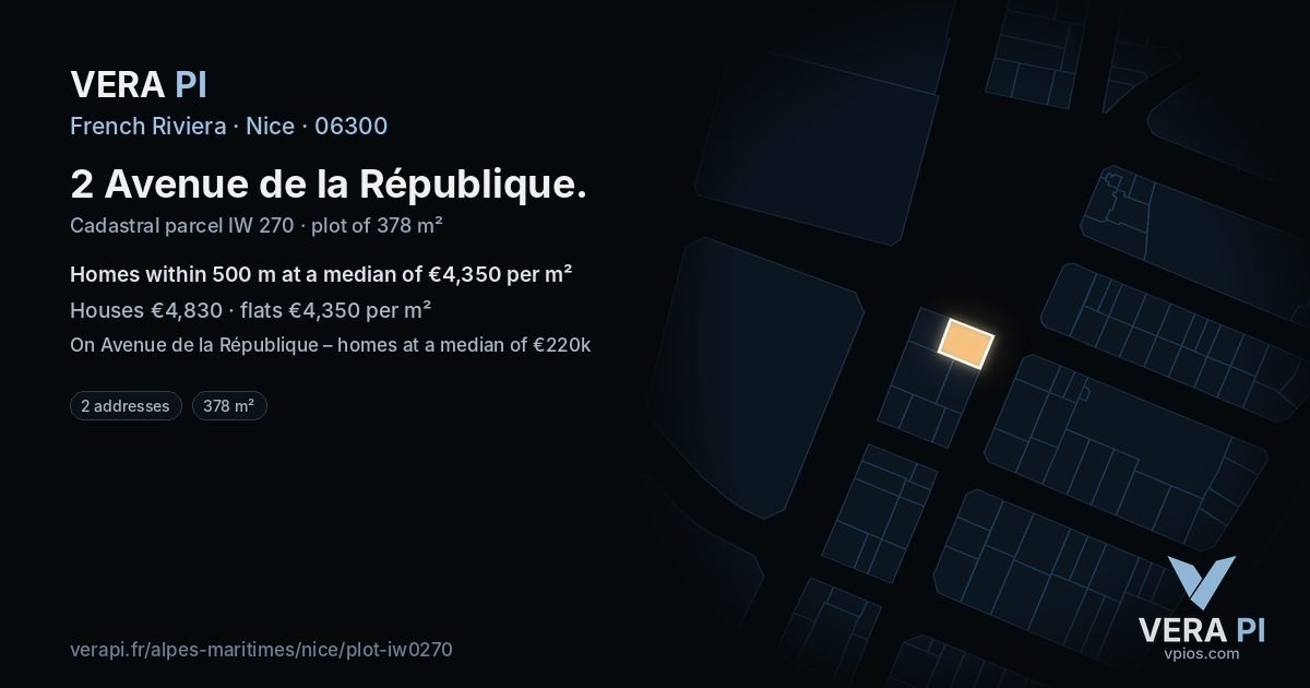 2 Avenue de la République, Nice at night – the plot lit, the parcels around coloured by the prices near them