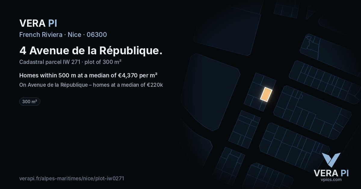4 Avenue de la République, Nice at night – the plot lit, the parcels around coloured by the prices near them