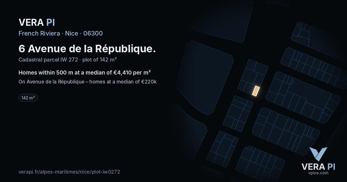 6 Avenue de la République, Nice at night – the plot lit, the parcels around coloured by the prices near them