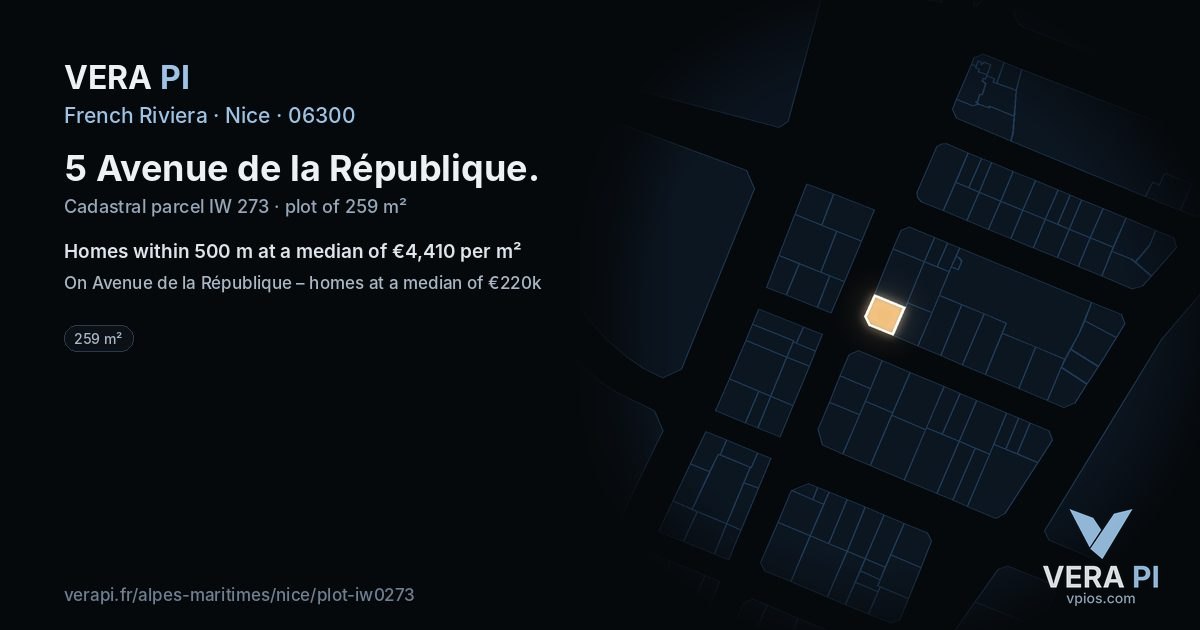 5 Avenue de la République, Nice at night – the plot lit, the parcels around coloured by the prices near them