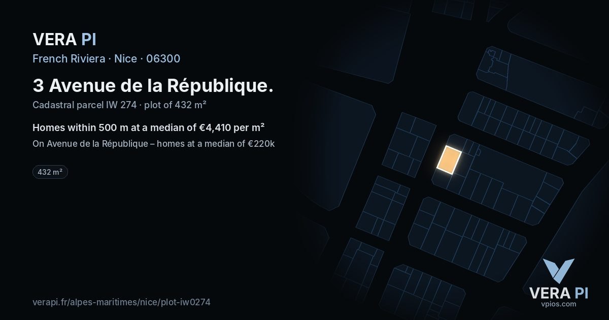 3 Avenue de la République, Nice at night – the plot lit, the parcels around coloured by the prices near them