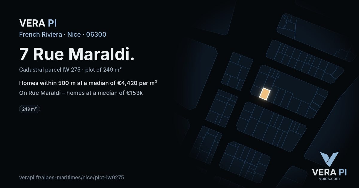 7 Rue Maraldi, Nice at night – the plot lit, the parcels around coloured by the prices near them