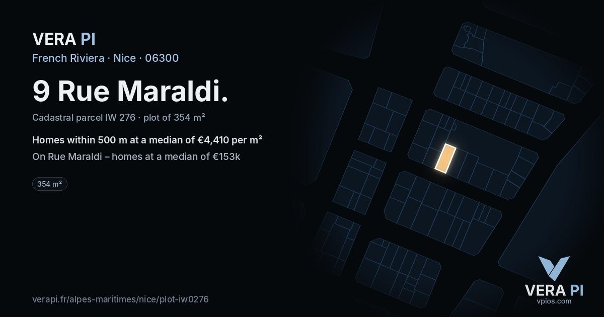 9 Rue Maraldi, Nice at night – the plot lit, the parcels around coloured by the prices near them